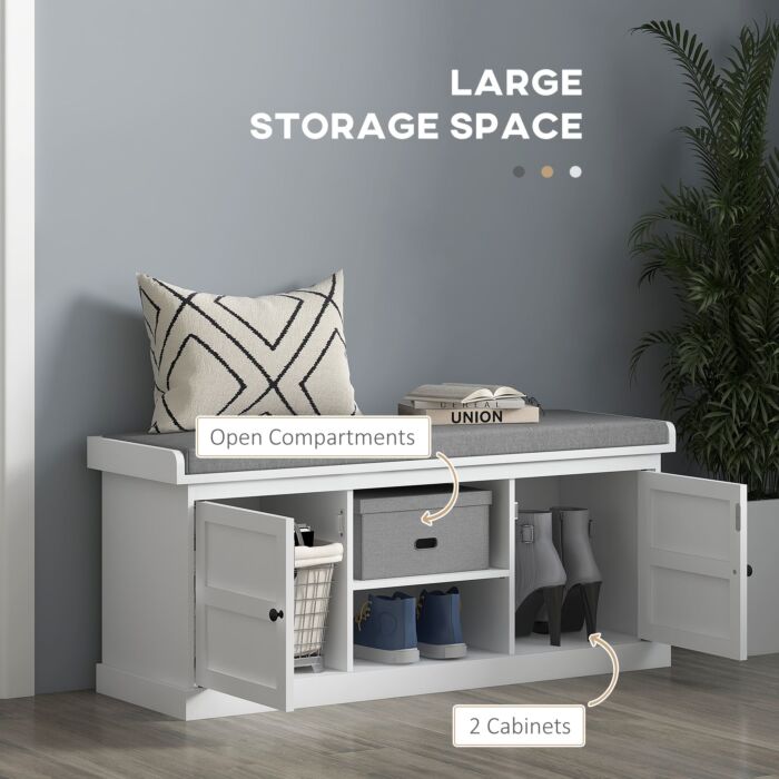 Homcom Shoe Bench With Seat, Shoe Storage Bench With Cushion, 2 Cabinets And Adjustable Shelf, White