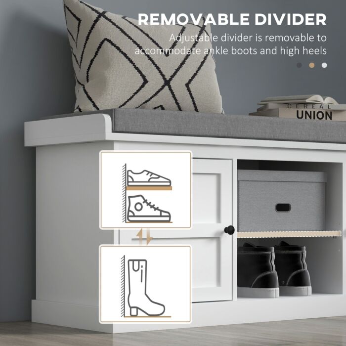 Homcom Shoe Bench With Seat, Shoe Storage Bench With Cushion, 2 Cabinets And Adjustable Shelf, White