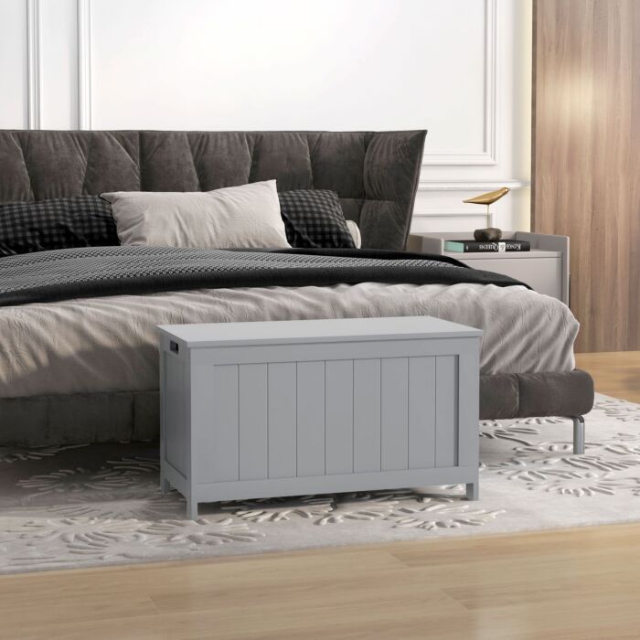 Homcom Storage Chest, Modern Storage Trunk With 2 Safety Hinges And Cut-out Handles, Wooden Toy Box, 76 X 40 X 48 Cm, Grey