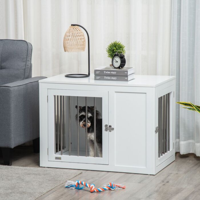 Pawhut Furniture Style Dog Crate, End Table Pet Cage Kennel, Indoor Decorative Puppy House, With Double Doors, Locks, For Medium Dogs, White