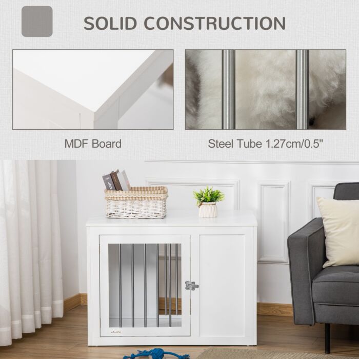 Pawhut Furniture Style Dog Crate, End Table Pet Cage Kennel, Indoor Decorative Puppy House, With Double Doors, Locks, For Medium Dogs, White