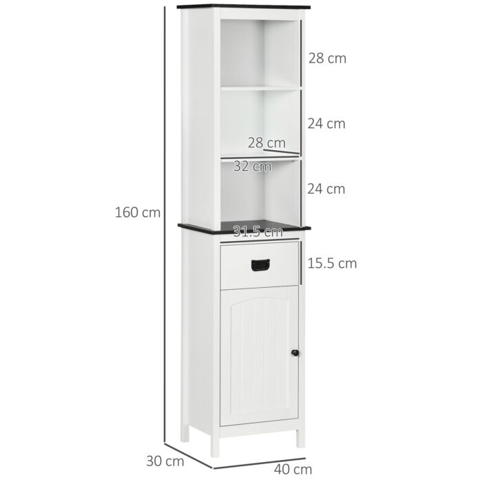 Kleankin Tall Bathroom Cabinet, Freestanding Slim Storage Cupboard With Adjustable Shelves And Drawer, Slim Organiser Unit, White