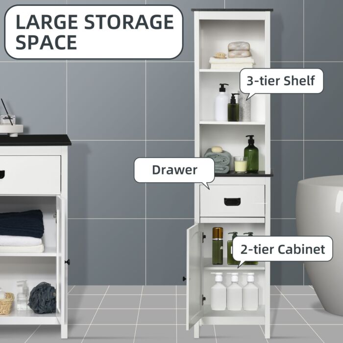 Kleankin Tall Bathroom Cabinet, Freestanding Slim Storage Cupboard With Adjustable Shelves And Drawer, Slim Organiser Unit, White
