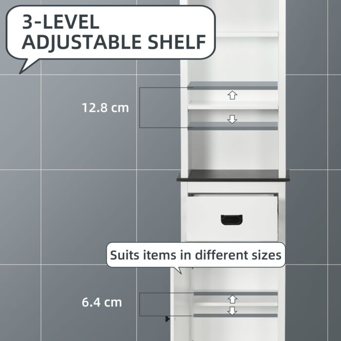 Kleankin Tall Bathroom Cabinet, Freestanding Slim Storage Cupboard With Adjustable Shelves And Drawer, Slim Organiser Unit, White