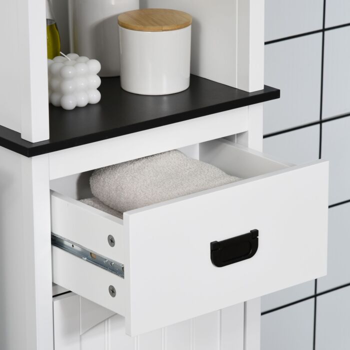 Kleankin Tall Bathroom Cabinet, Freestanding Slim Storage Cupboard With Adjustable Shelves And Drawer, Slim Organiser Unit, White