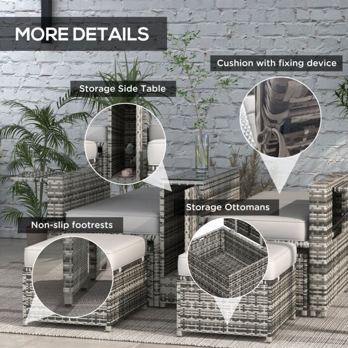 Outsunny Rattan Sun Lounger W/ Storage Tea Table & Footstools, Grey