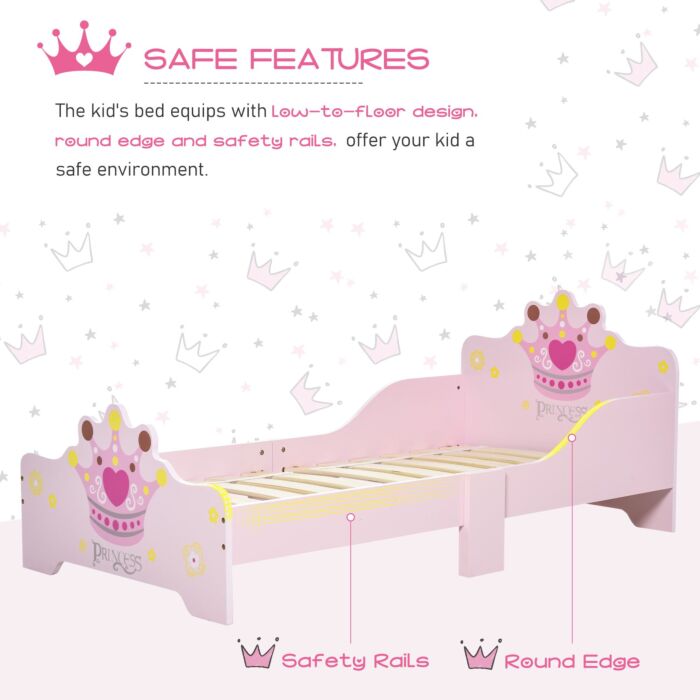 Homcom Kids Wooden Bed With Crown Modeling Safety Side Rails Easy To Clean Perfect Gift For Toddlers Girls Age 3 To 6 Years Old Pink