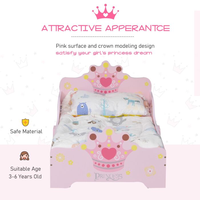 Homcom Kids Wooden Bed With Crown Modeling Safety Side Rails Easy To Clean Perfect Gift For Toddlers Girls Age 3 To 6 Years Old Pink