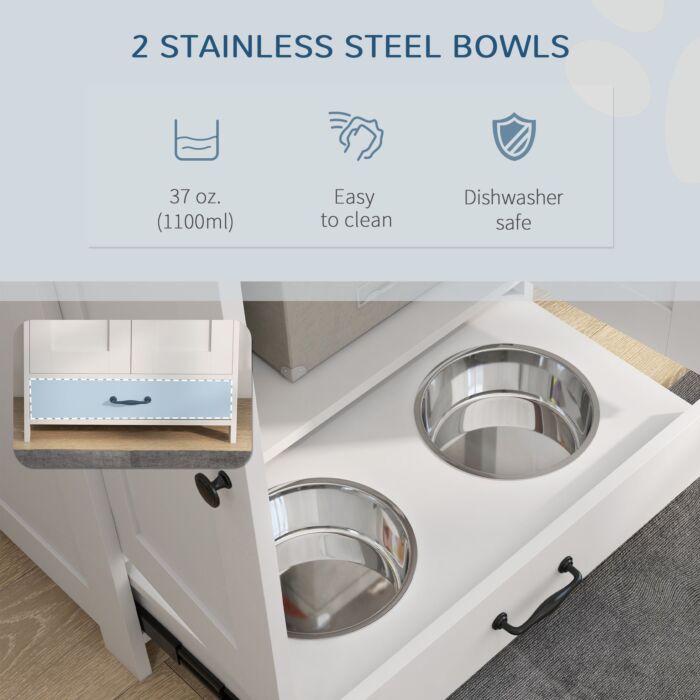 Pawhut Pet Feeding Station With Raised Dog Bowls, Adjustable Panel, Hooks, Dog Food Storage Cabinet, White