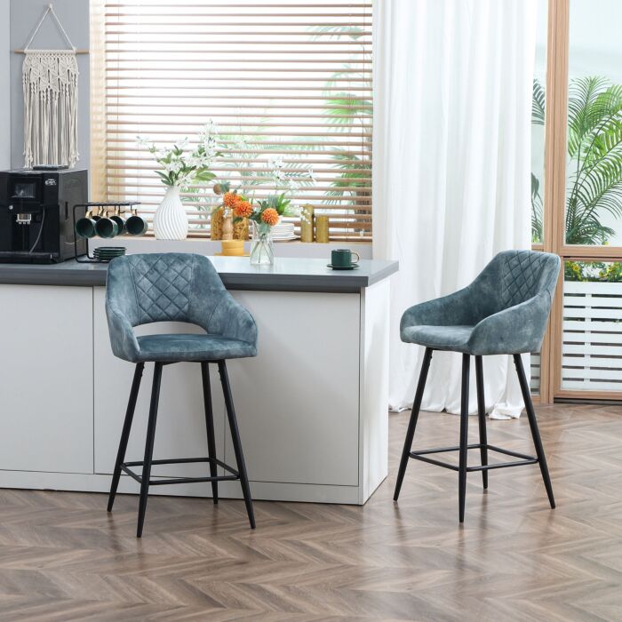 Homcom Bar Stools Set Of 2, Velvet-touch Fabric Counter Height Bar Chairs, Kitchen Stools With Steel Legs For Dining Area Blue