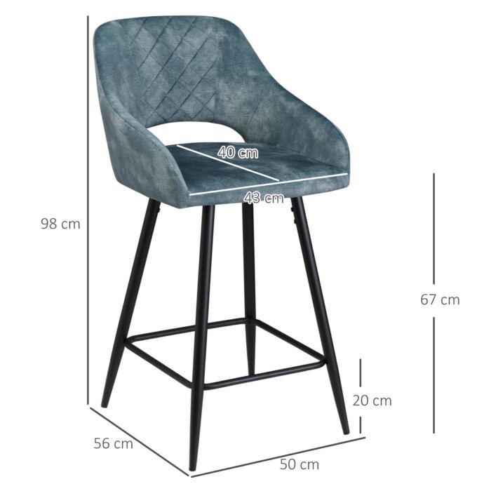 Homcom Bar Stools Set Of 2, Velvet-touch Fabric Counter Height Bar Chairs, Kitchen Stools With Steel Legs For Dining Area Blue
