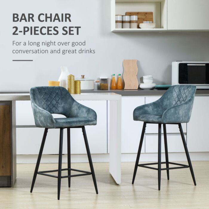 Homcom Bar Stools Set Of 2, Velvet-touch Fabric Counter Height Bar Chairs, Kitchen Stools With Steel Legs For Dining Area Blue