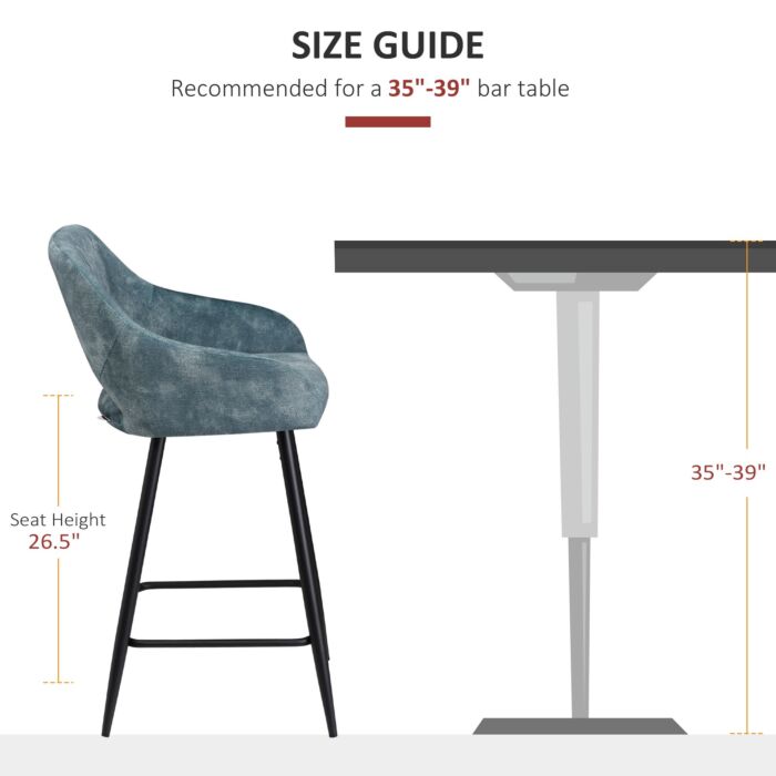 Homcom Bar Stools Set Of 2, Velvet-touch Fabric Counter Height Bar Chairs, Kitchen Stools With Steel Legs For Dining Area Blue