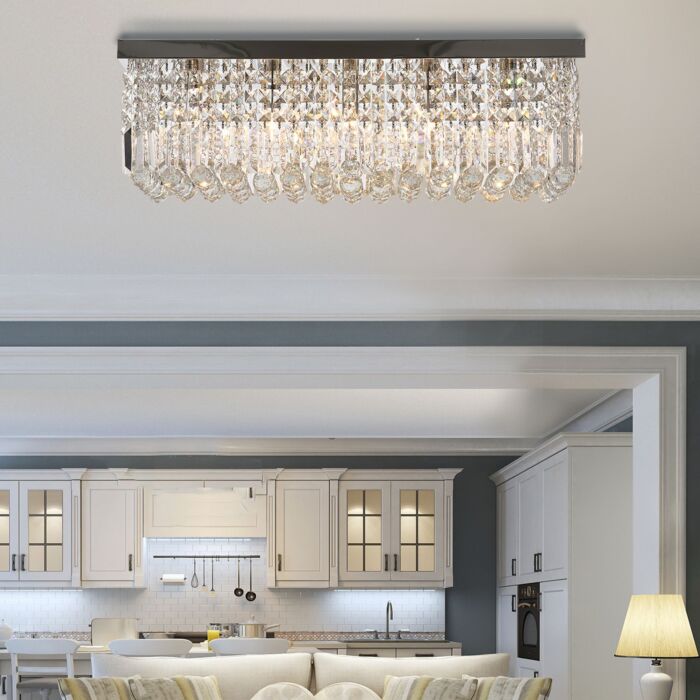 Homcom Modern Crystal Ceiling Light Square Crystal Chandelier, Hall, E14 Base, Silver, 80 X 25 X 23cm