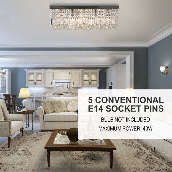 Homcom Modern Crystal Ceiling Light Square Crystal Chandelier, Hall, E14 Base, Silver, 80 X 25 X 23cm