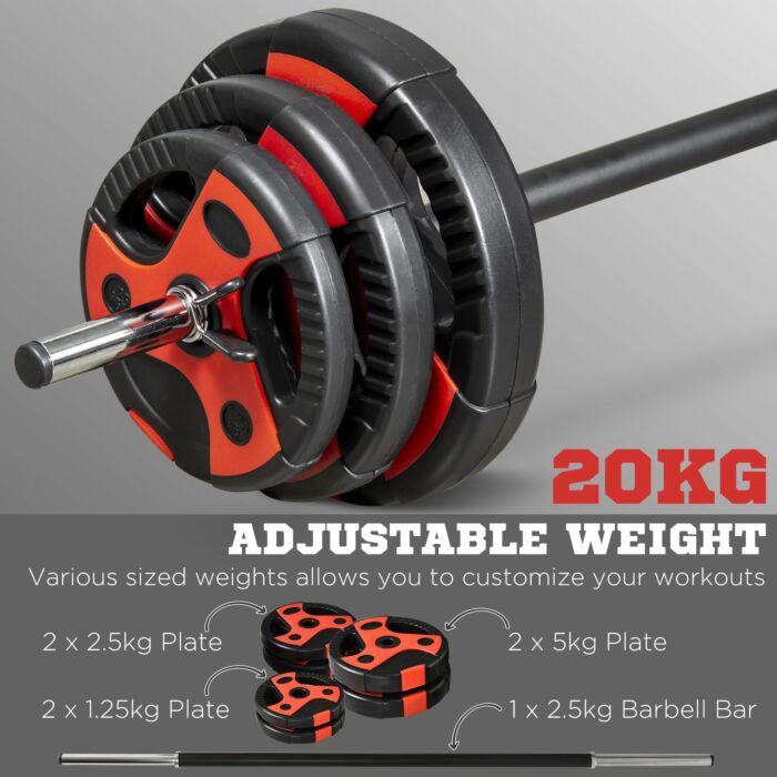 Sportnow 20kg Barbell Weights Set, Adjustable Weight Set, Free Body Pump Bar And Weights