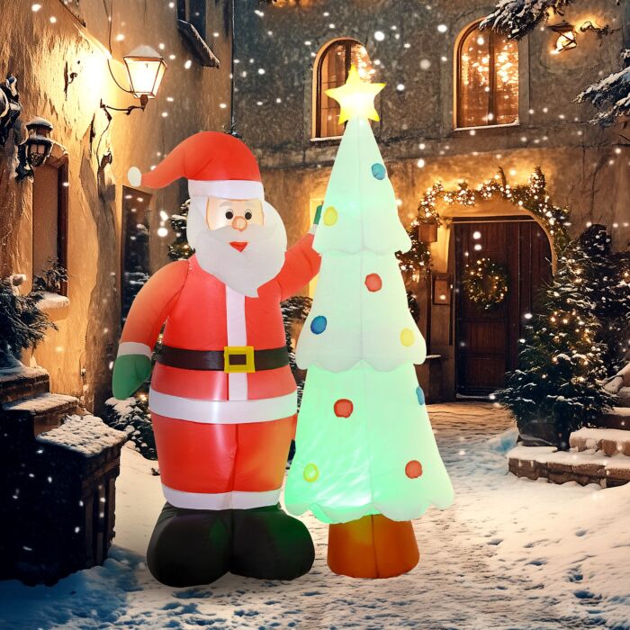 Homcom 7ft Christmas Inflatable Decoration Santa Claus And Christmas Tree With Rotating Magic Ball Light, Blow-up Outdoor Led Yard Display For Lawn Garden Party