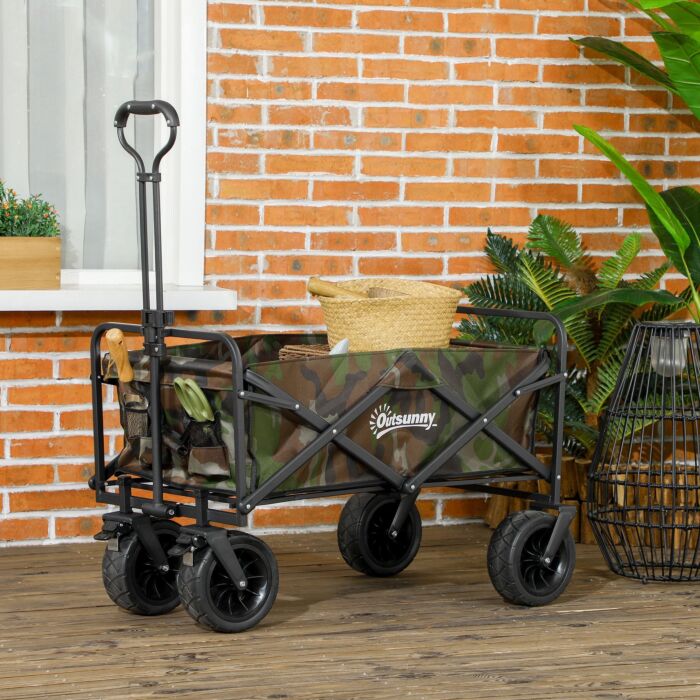 Outsunny Folding Garden Trolley, Outdoor Wagon Cart With Carry Bag, For Beach, Camping, Festival, 100kg Capacity, Camouflage