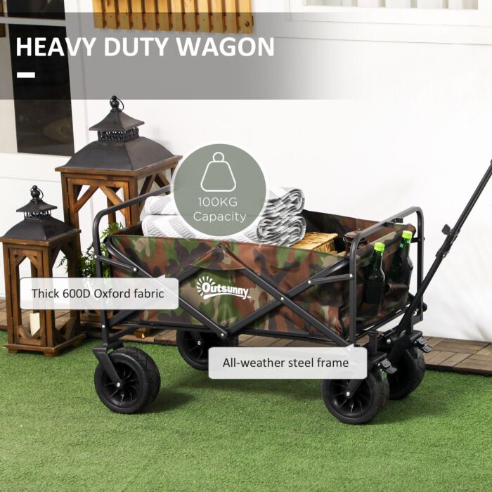 Outsunny Folding Garden Trolley, Outdoor Wagon Cart With Carry Bag, For Beach, Camping, Festival, 100kg Capacity, Camouflage