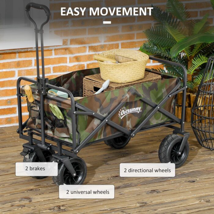 Outsunny Folding Garden Trolley, Outdoor Wagon Cart With Carry Bag, For Beach, Camping, Festival, 100kg Capacity, Camouflage