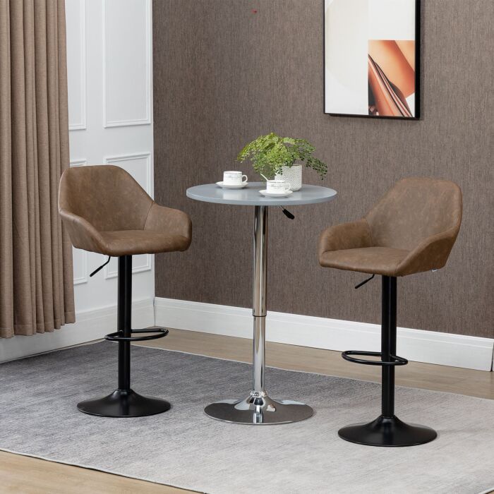 Homcom Adjustable Bar Stools Set Of 2, Swivel Barstools With Footrest And Backrest, Pu Leather Steel Base Dark Brown
