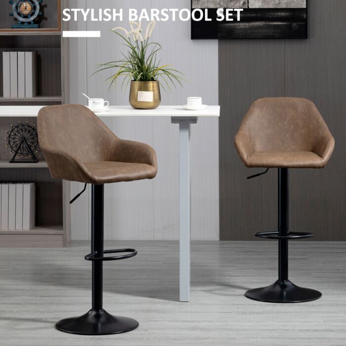 Homcom Adjustable Bar Stools Set Of 2, Swivel Barstools With Footrest And Backrest, Pu Leather Steel Base Dark Brown