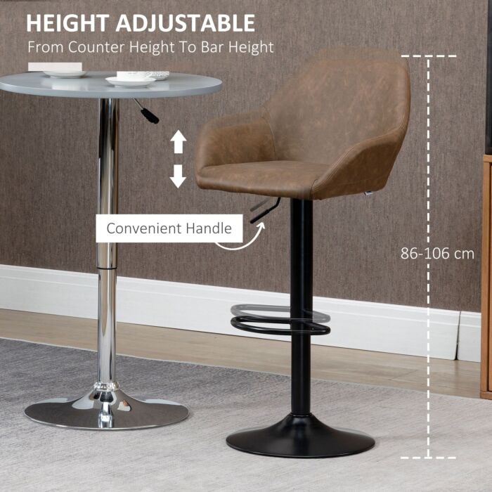 Homcom Adjustable Bar Stools Set Of 2, Swivel Barstools With Footrest And Backrest, Pu Leather Steel Base Dark Brown