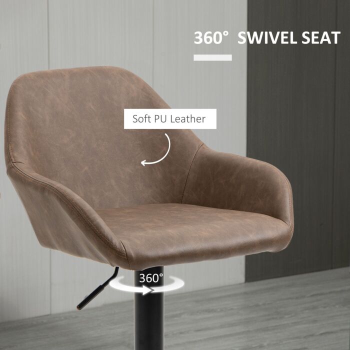 Homcom Adjustable Bar Stools Set Of 2, Swivel Barstools With Footrest And Backrest, Pu Leather Steel Base Dark Brown