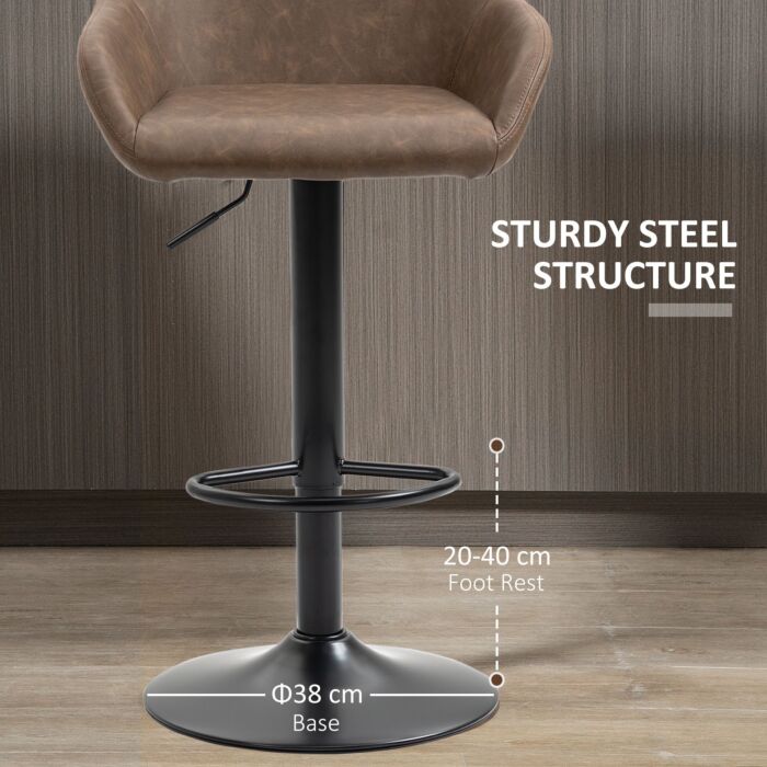 Homcom Adjustable Bar Stools Set Of 2, Swivel Barstools With Footrest And Backrest, Pu Leather Steel Base Dark Brown