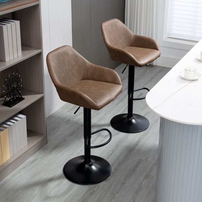 Homcom Adjustable Bar Stools Set Of 2, Swivel Barstools With Footrest And Backrest, Pu Leather Steel Base Dark Brown
