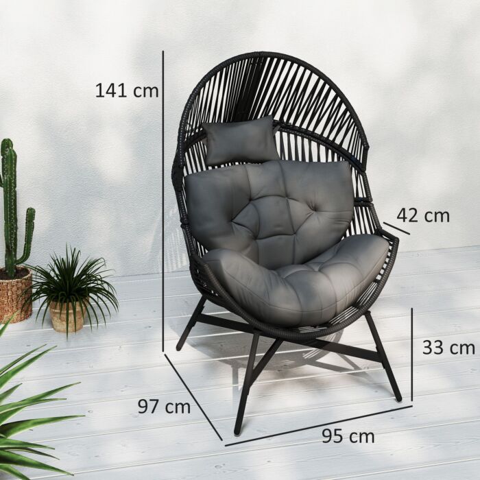 Outsunny Standing Rattan Egg Chair Outdoor, Oversized Wicker Garden Egg Chair With Thick Tufted Cushion, Headrest, Steel Frame, Charcoal Grey