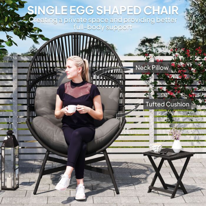 Outsunny Standing Rattan Egg Chair Outdoor, Oversized Wicker Garden Egg Chair With Thick Tufted Cushion, Headrest, Steel Frame, Charcoal Grey