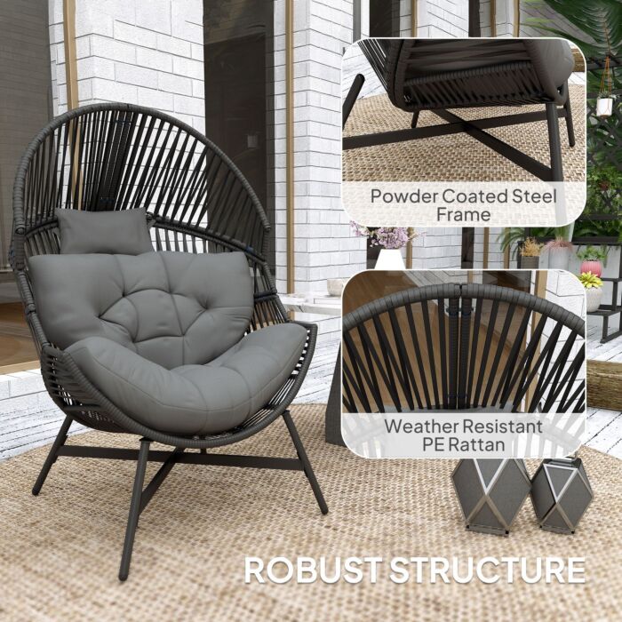 Outsunny Standing Rattan Egg Chair Outdoor, Oversized Wicker Garden Egg Chair With Thick Tufted Cushion, Headrest, Steel Frame, Charcoal Grey