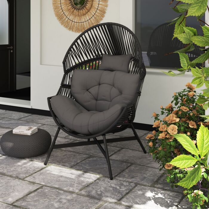 Outsunny Standing Rattan Egg Chair Outdoor, Oversized Wicker Garden Egg Chair With Thick Tufted Cushion, Headrest, Steel Frame, Charcoal Grey