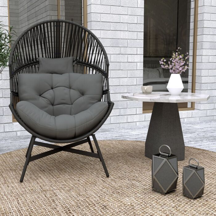Outsunny Standing Rattan Egg Chair Outdoor, Oversized Wicker Garden Egg Chair With Thick Tufted Cushion, Headrest, Steel Frame, Charcoal Grey