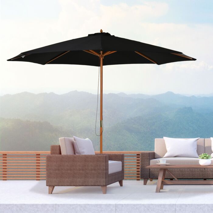 Outsunny ⌀3m Bamboo Wooden Market Patio Umbrella Garden Parasol Outdoor Sunshade Canopy, 8-ribs,black