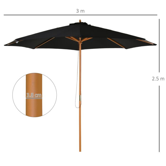Outsunny ⌀3m Bamboo Wooden Market Patio Umbrella Garden Parasol Outdoor Sunshade Canopy, 8-ribs,black