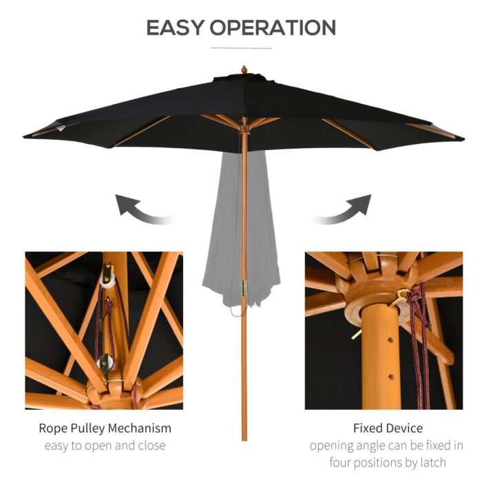 Outsunny ⌀3m Bamboo Wooden Market Patio Umbrella Garden Parasol Outdoor Sunshade Canopy, 8-ribs,black
