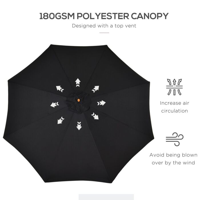 Outsunny ⌀3m Bamboo Wooden Market Patio Umbrella Garden Parasol Outdoor Sunshade Canopy, 8-ribs,black