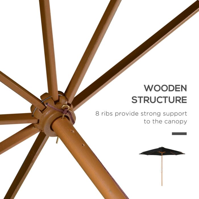 Outsunny ⌀3m Bamboo Wooden Market Patio Umbrella Garden Parasol Outdoor Sunshade Canopy, 8-ribs,black