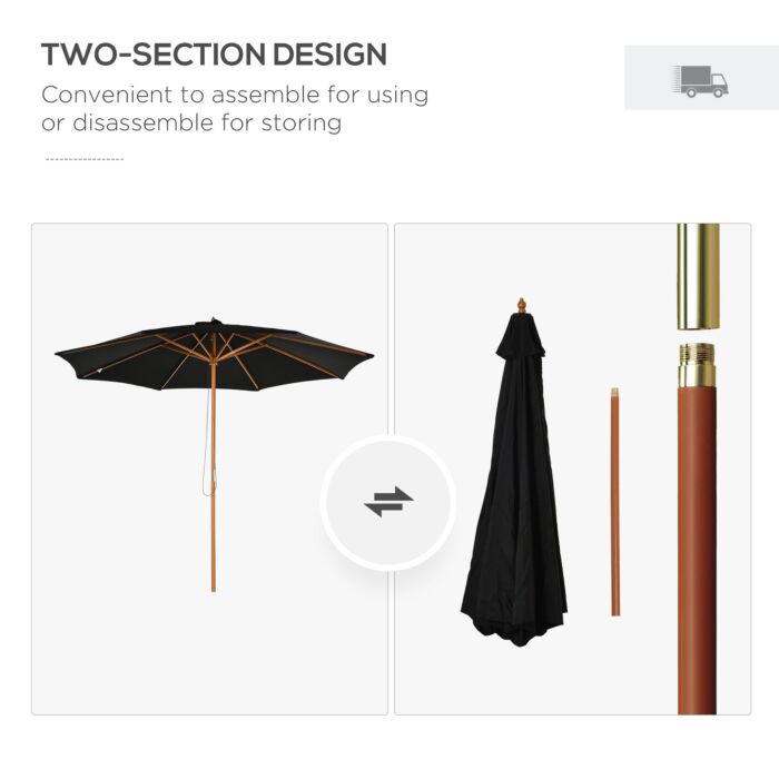 Outsunny ⌀3m Bamboo Wooden Market Patio Umbrella Garden Parasol Outdoor Sunshade Canopy, 8-ribs,black