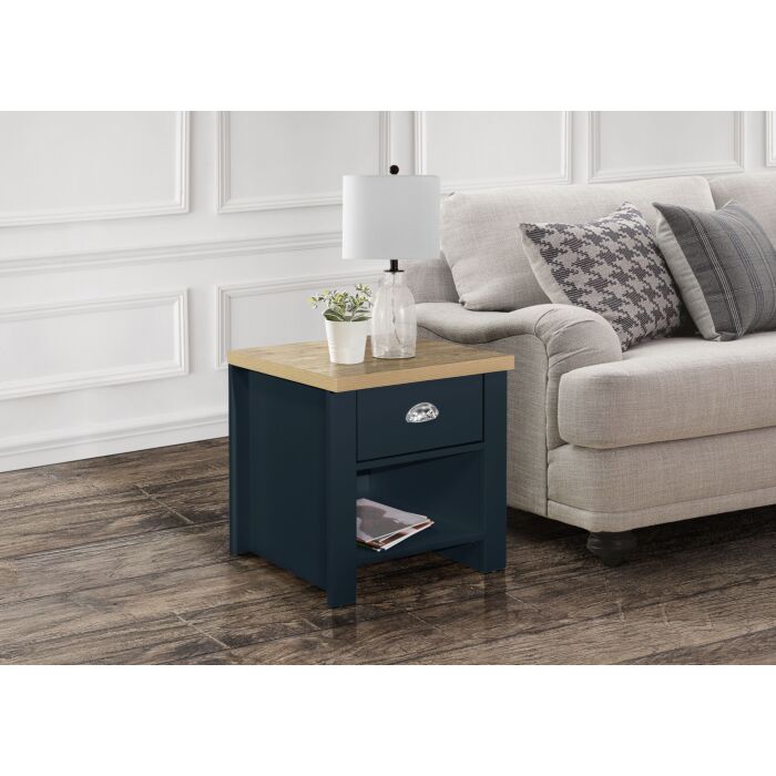 Highgate 1 Drawer Lamp Table Navy Blue & Oak