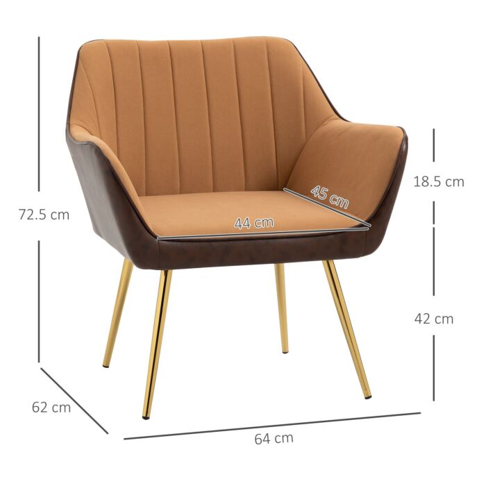 Homcom Modern Velvet Armchairs With Gold Steel Legs, Upholstered Accent Chairs For Living Room And Bedroom, Light Brown