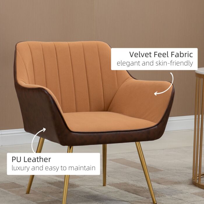 Homcom Modern Velvet Armchairs With Gold Steel Legs, Upholstered Accent Chairs For Living Room And Bedroom, Light Brown
