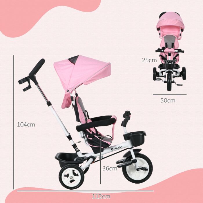 Homcom Metal Frame 4 In 1 Baby Push Tricycle With Parent Handle For 1-5 Years Old, Pink