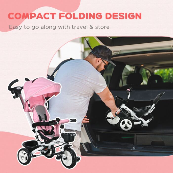 Homcom Metal Frame 4 In 1 Baby Push Tricycle With Parent Handle For 1-5 Years Old, Pink