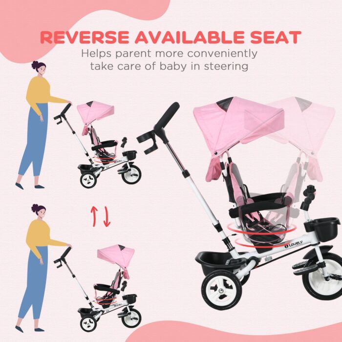 Homcom Metal Frame 4 In 1 Baby Push Tricycle With Parent Handle For 1-5 Years Old, Pink