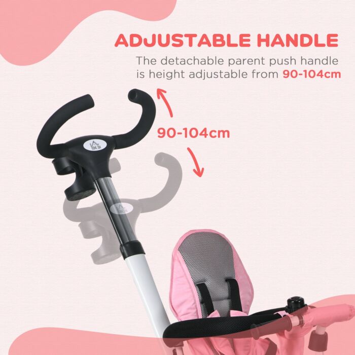 Homcom Metal Frame 4 In 1 Baby Push Tricycle With Parent Handle For 1-5 Years Old, Pink