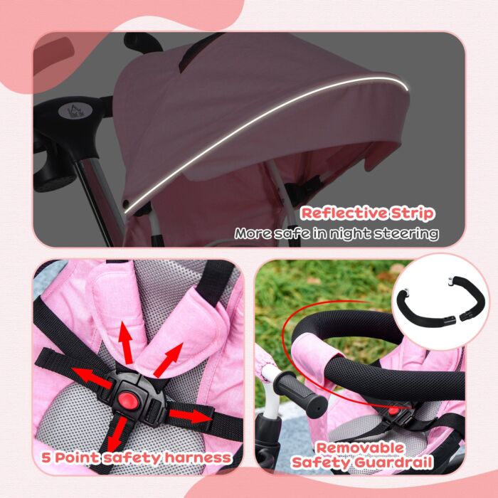 Homcom Metal Frame 4 In 1 Baby Push Tricycle With Parent Handle For 1-5 Years Old, Pink