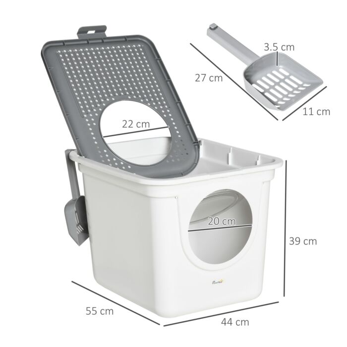 Pawhut Cat Litter Box Pet Toilet Enclosed Kitten Pan W/ Front Entrance Top Exit Scoop, White